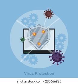 picture of a viruses attacking computer, shield protection, flat style illustration, antivirus, security, data safety concept