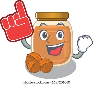 A picture of walnut butter mascot cartoon design holding a Foam finger