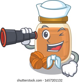 A picture of walnut butter working as a Sailor with binocular
