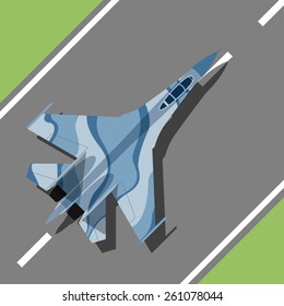 Imagen de un avión de guerra de pie en la pista de aterrizaje, ilustración de estilo plano