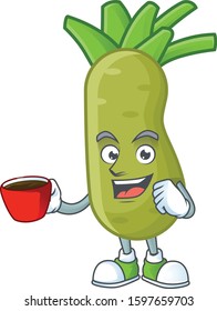 Picture of wasabi character with a cup of coffee