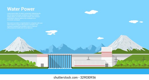 picture of water power plant in front of mountains, flat style banner concept of renewable energy and ecological power generation