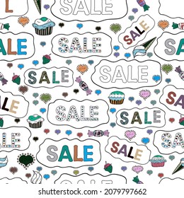 Picture in white, black and blue colors. Lettering. Summer Sale banner. Vector illustration. Seamless. Vintage design.