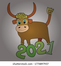 Picture in white, brown and green colors. Cute background for wrappers and wallpaper, design of fabric, paper. Vector. Illustration of cow for new year.