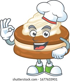 A picture of white cream alfajor cartoon character wearing white chef hat