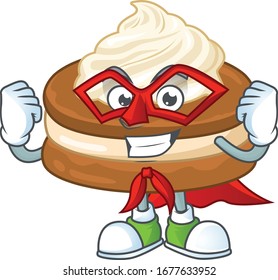 A picture of white cream alfajor dressed as a Super hero cartoon character