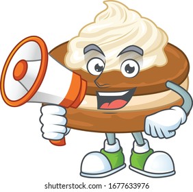 A picture of white cream alfajor with a megaphone