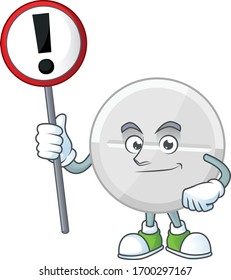 A picture of white pills cartoon character concept holding a sign