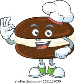 A picture of whoopie pies cartoon character wearing white chef hat