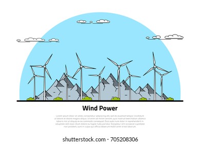 picture of wind turbines with mountains on background, flat style line art concept of renewable wind energy