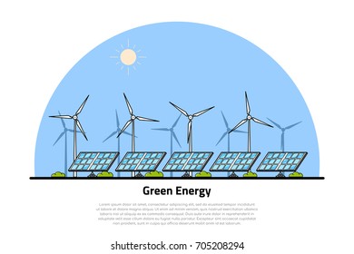 picture of wind turbines and solar panels, flat style line art concept of renewable wind and solar energy