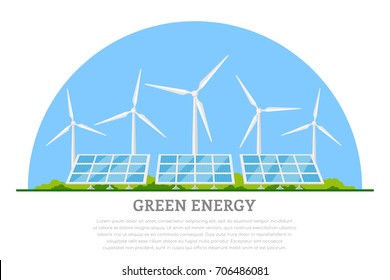 picture of wind turbines and solar panels, flat style concept banner of renewable wind and solar energy