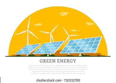 picture of wind turbines and solar panels, flat style concept banner of renewable wind and solar energy