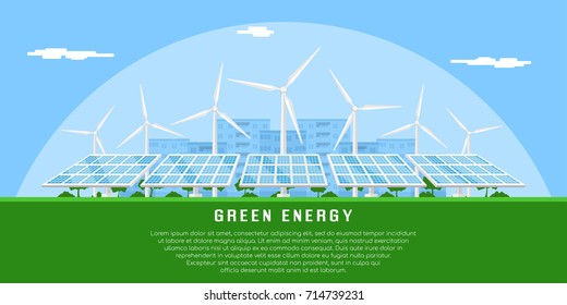 picture of wind turbines and solar panels, flat style concept banner of renewable wind and solar energy