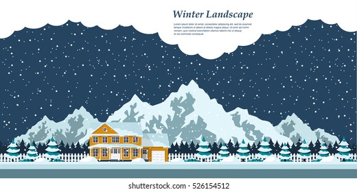 picture of winter landscape with private house, snow-covered firs, falling snow and mountains on background