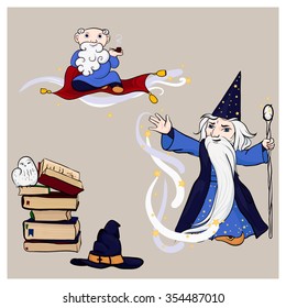 a picture of a wizard on a flying carpet and a wizard with a stick