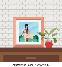picture of woman with cute dog in the field vector illustration design