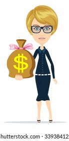 picture of woman with dollar signed bag