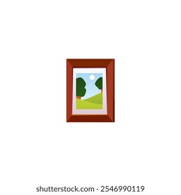 Imagen en un icono plano de marco de madera. Paisaje de la naturaleza del verano. Árboles del bosque de la historieta, campo y cielo con la pintura del sol. Decoración de diseño interior. Ilustración vectorial aislada sobre fondo blanco