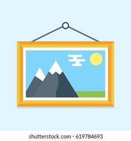 Picture In A Wooden Frame Hanging On The Wall, Icon In Flat Style