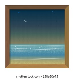 Picture in a wooden frame with a night sea view