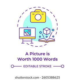 A picture is worth 1000 words multi color concept icon. Photography camera, image. Round shape line illustration. Abstract idea. Graphic design. Easy to use in infographic, presentation