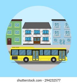 Picture Of A Yellow City Bus In Front Of Houses, Flat Style Illustration