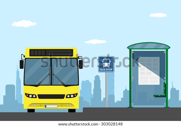 picture of a yellow city bus on a bus stop,\
flat style\
illustration