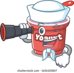 A picture of yogurt working as a Sailor with binocular