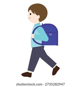 A picture of a young boy elementary school student walking with a blue backpack