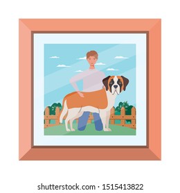picture of young man with cute dog mascot in the camp