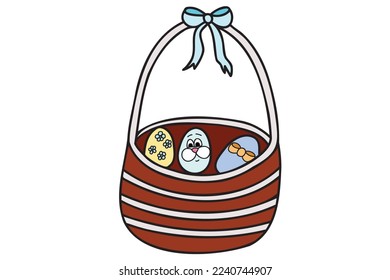 Pictured are eggs with faces in a basket, pun intendedChristmas, New Year, cards, fabric printing, books, etc.