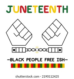 Pictured are red, yellow, green and black, with a hand and a broken chain in the middle. Below are squares of three colors. and white background