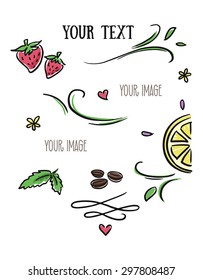 Pictures berries and curls, Lemon, mint leaves and coffee beans to design a menu and promotional postcards.