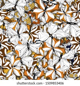 Pictures in black, brown and white colors. Beautiful seamless pattern of cute butterflies. Vector. Hand-drawn illustration. Fashion Fabric Design.