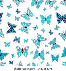 Pictures in black, white and blue colors. Watercolor abstract bright pattern butterfly wings, retro colors. Background for fabric, textile, print and invitation.