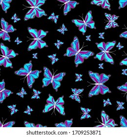 Pictures in blue, black and purple colors. Fantasy illustration. Abstract pattern for boys, girls, clothes, wallpaper. Seamless pattern with lot of different butterflys. Vector.