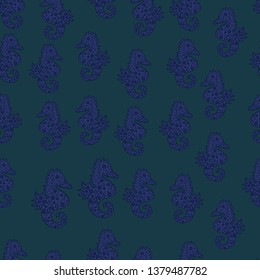 Pictures in blue, green and violet colors. Vector illustration. Sea Horse. Decor on seamless background for clothing design. In vintage style.