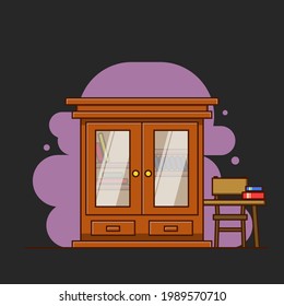 Pictures of bookshelves in the library and the books in a magical atmosphere.