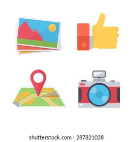 Pictures, camera, thumbs up, map. Modern flat design. Vector collection.