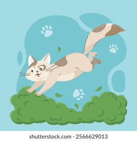 Pictures with cat. Brown and grey kitten jump in green bushes. Adorable domestic animal. Cute pet. Purebred mammal. Fluffy and active cat. Template and layout. Flat vector illustration