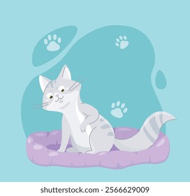 Pictures with cat. Grey kitten sleep at violet pillow. Adorable domestic animal. Cute pet. Purebred mammal. Sticker for social networks and messengers. Flat vector illustration