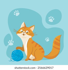 Pictures with cat. Orange kitten sitting and play with blue woolen ball. Adorable domestic animal. Cute pet. Purebred mammal. Poster or banner. Flat vector illustration