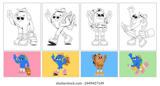 Pictures for children's coloring pages on the theme of school with examples of how to color correctly. Cute retro groovy characters. Globe, planet earth, backpack.