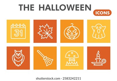 Pictures or collection of Halloween symbols. Signs for site and app with a party theme square bubble with linear icons design. Isolated vector graphics on white background