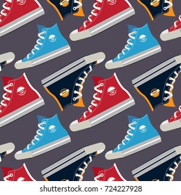 Pictures of colored sneakers. Vector seamless pattern with fashion footwear shoelace illustration