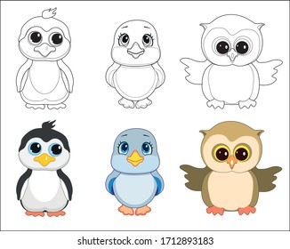Pictures for coloring and color pictures.  Vector set of cute animals Illustration in cartoon style, isolated on white background. Penguin, sparrow, owl, owlet. Designed for children. 