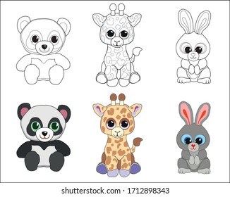 Pictures for coloring and color pictures.  Vector set of cute animals Illustration in cartoon style, isolated on white background. Panda, giraffe, bunny, rabbit. Designed for children.