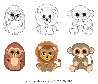 Pictures for coloring and color pictures.  Vector set of cute animals Illustration in cartoon style, isolated on white background. Hedgehog, lion, monkey. Designed for children.