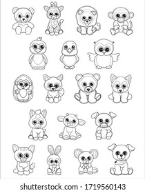 Pictures for coloring. Vector set of animals Illustration in cartoon style, isolated on white background. Eighteen cute little animals. Designed for children.
